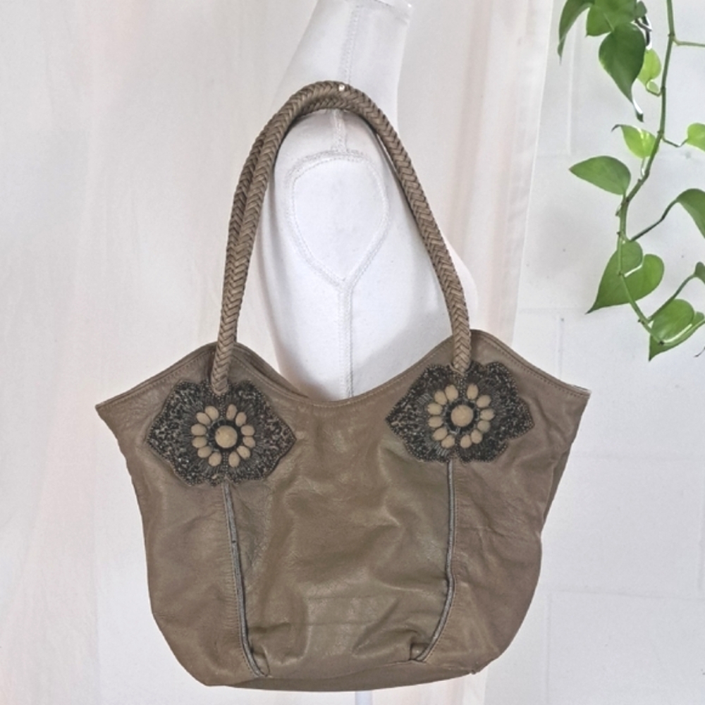 Anthro Jasper & Jeera Taupe Leather Braided Handle Beaded Slouchy Tote Bag